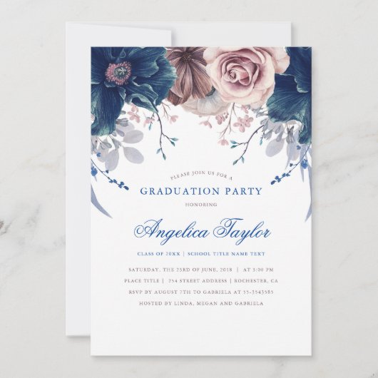 Navy Blue en Mauve Floral Graduation Party Kaart (Voorkant)