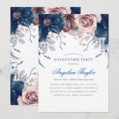 Navy Blue en Mauve Floral Graduation Party Kaart (Voorkant / Achterkant)