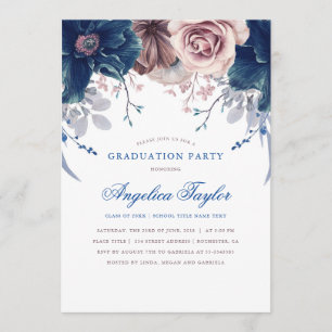 Navy Blue en Mauve Floral Graduation Party Kaart