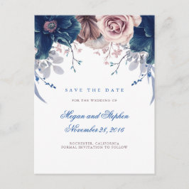 Navy Blue en Mauve Floral Save the Date Aankondigingskaart