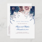 Navy Blue en Mauve Floral Save the Date Aankondigingskaart (Voorkant / Achterkant)