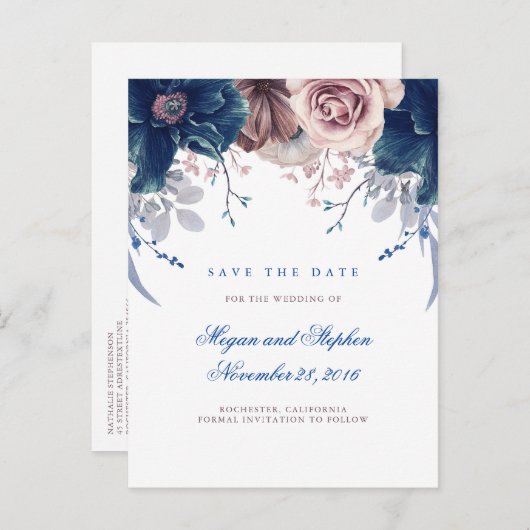 Navy Blue en Mauve Floral Save the Date Aankondigingskaart (Voorkant / Achterkant)
