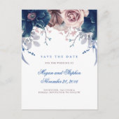 Navy Blue en Mauve Floral Save the Date Aankondigingskaart (Voorkant)