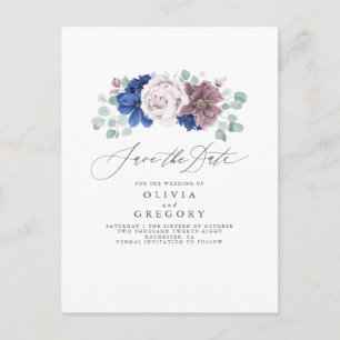 Navy Blue en Mauve Floral Save The Date Kaart
