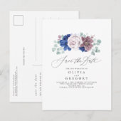 Navy Blue en Mauve Floral Save The Date Kaart (Voorkant / Achterkant)