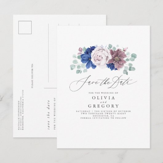 Navy Blue en Mauve Floral Save The Date Kaart (Voorkant / Achterkant)