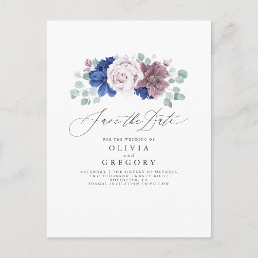 Navy Blue en Mauve Floral Save The Date Kaart (Voorkant)