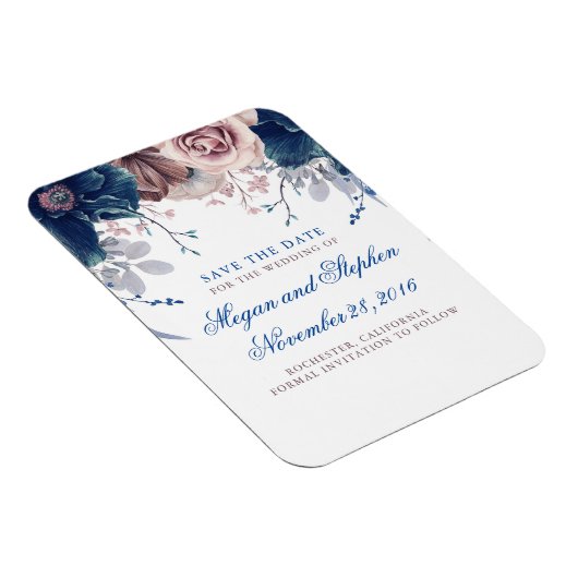 Navy Blue en Mauve Floral Save the Date Magneet (Rechterzijde)