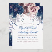 Navy Blue en Mauve Waterverf Bloemenbruiloft Kaart (Voorkant / Achterkant)