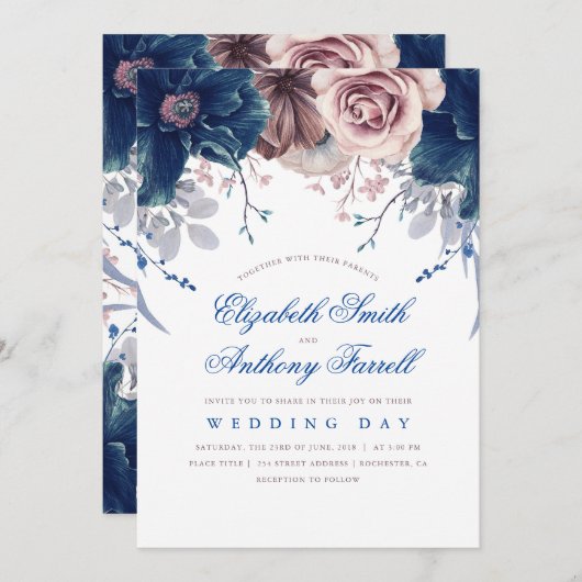Navy Blue en Mauve Waterverf Bloemenbruiloft Kaart (Voorkant / Achterkant)