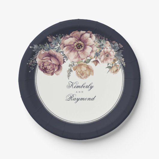 Navy Blue en Mauve Waterverf Flowers  Papieren Bordje (Voorkant)