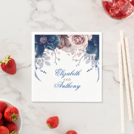 Navy Blue en Mauve Waterverf Flowers Servet (Insitu)