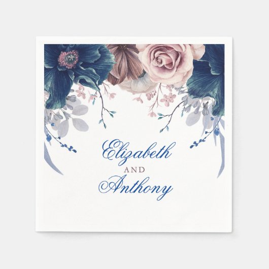 Navy Blue en Mauve Waterverf Flowers Servet (Voorkant)