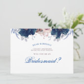 Navy Blue en Mauve - Wil je mijn bruidsmeisje zijn Kaart (Staand voorkant)
