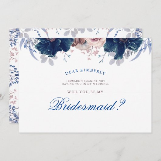 Navy Blue en Mauve - Wil je mijn bruidsmeisje zijn Kaart (Voorkant / Achterkant)