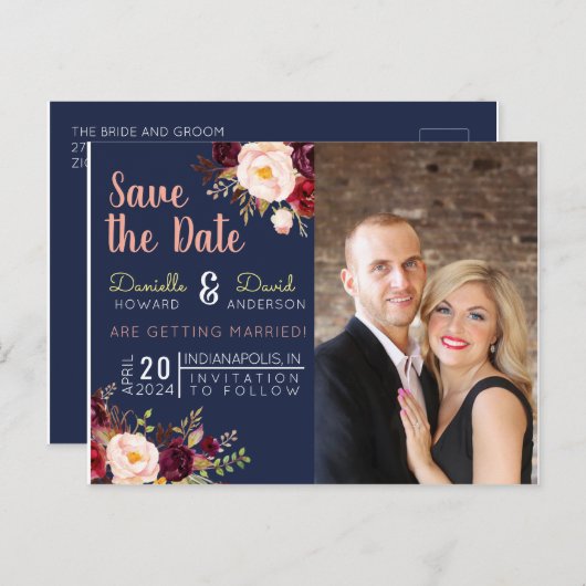 Navy Blue en Merlot Floral redden de datum Uitnodiging Briefkaart (Voorkant / Achterkant)