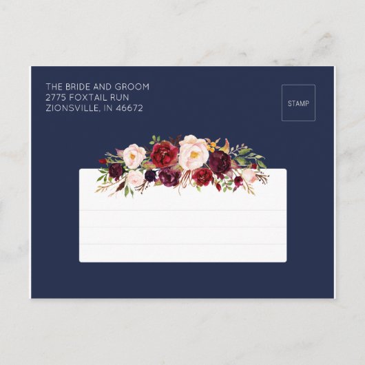 Navy Blue en Merlot Floral redden de datum Uitnodiging Briefkaart (Achterkant)