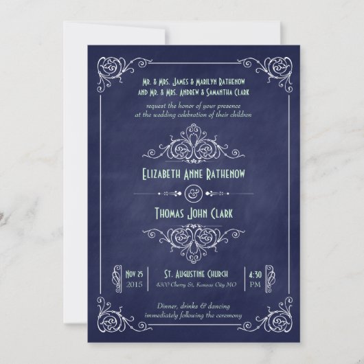 Navy Blue en Mint Chalkboard Deco Wedding Kaart (Voorkant)