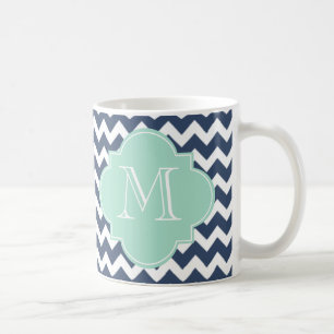 Navy Blue en Mint Green Chevron Custom Monogram Koffiemok