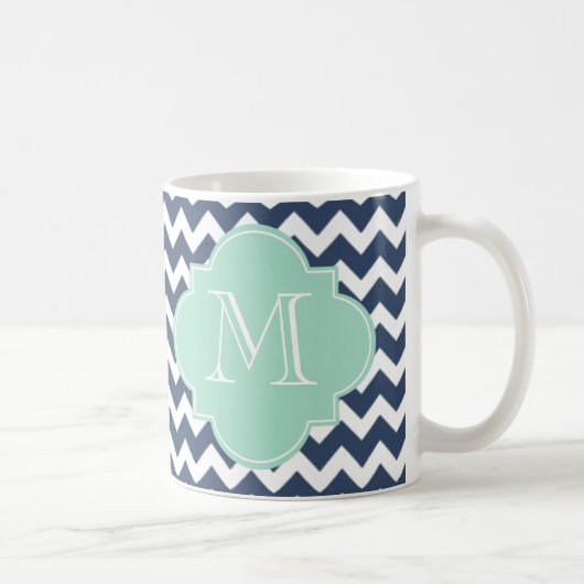 Navy Blue en Mint Green Chevron Custom Monogram Koffiemok (Rechts)