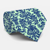 Navy Blue en Mint-Green Floral DamasPatroon 2 Stropdas (Opgerold)
