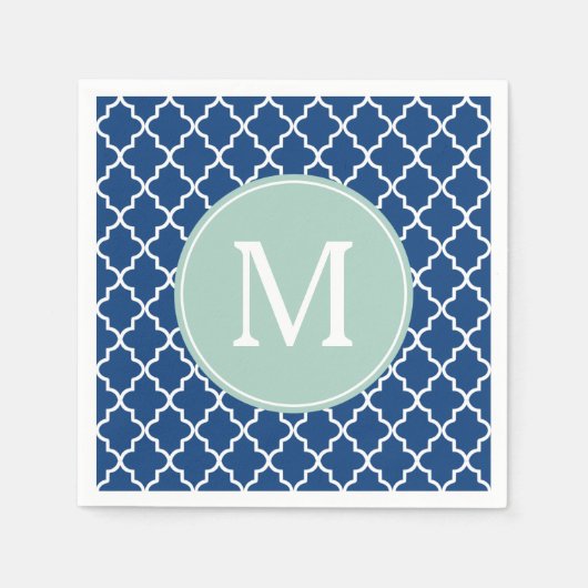 Navy Blue en Mint Green Quatrefoil Monogram Servetten (Voorkant)