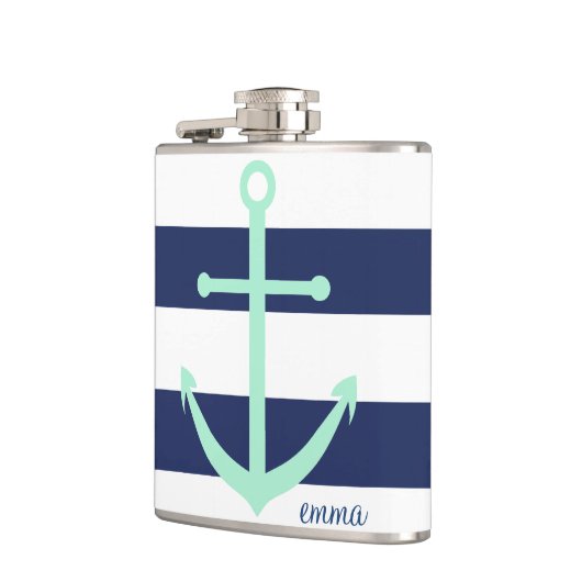 Navy Blue en Mint Monogram Anchor Flask Heupfles (Links)