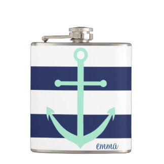 Navy Blue en Mint Monogram Anchor Flask Heupfles