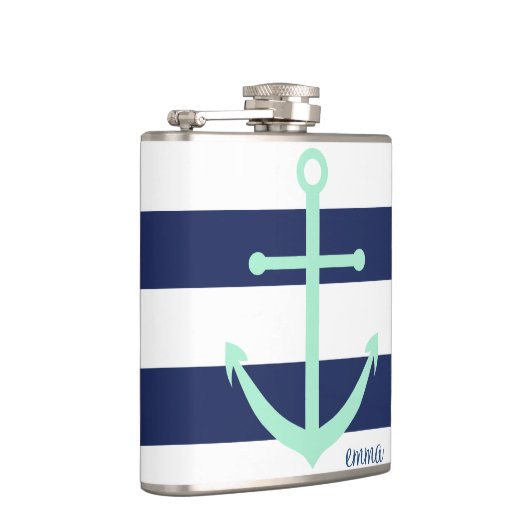 Navy Blue en Mint Monogram Anchor Flask Heupfles (Rechts)