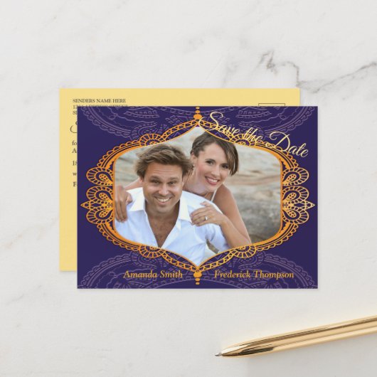 Navy Blue en of Violet met Gold Mandalas Aankondigingskaart (Voorkant / Achterkant in situ)