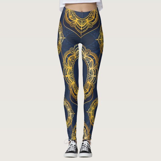 Navy Blue en of Violet met Gold Mandalas Leggings (Voorkant)