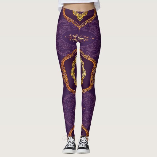 Navy Blue en of Violet met Gold Mandalas Leggings (Voorkant)