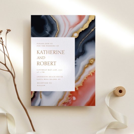 Navy Blue en Oranje Agaat Modern Wedding Kaart