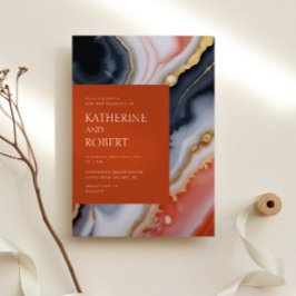 Navy Blue en Oranje Agaat Modern Wedding Kaart