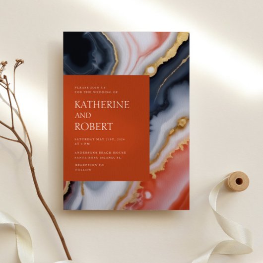 Navy Blue en Oranje Agaat Modern Wedding Kaart