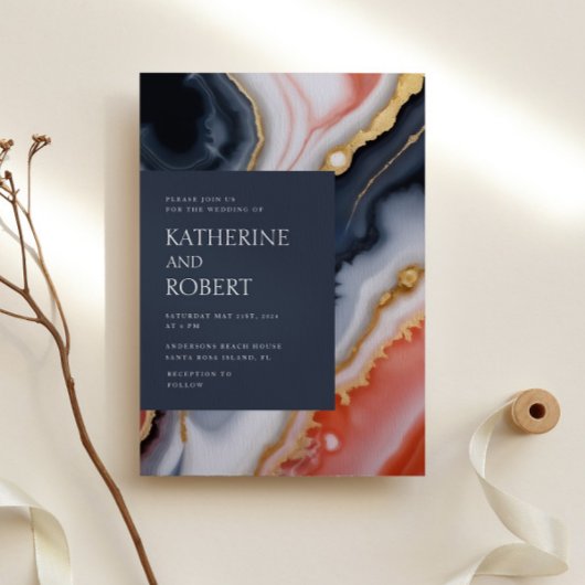 Navy Blue en Oranje Agaat Modern Wedding Kaart