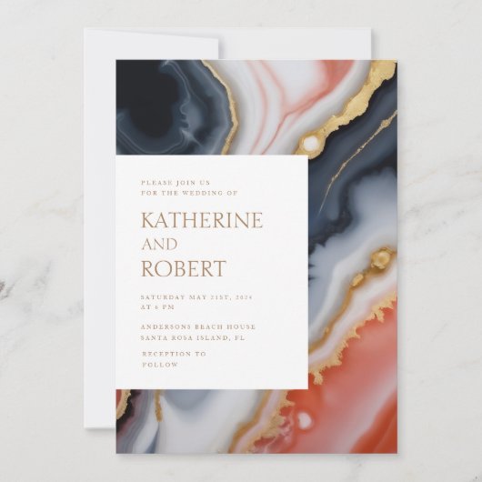 Navy Blue en Oranje Agaat Modern Wedding Kaart (Voorkant)