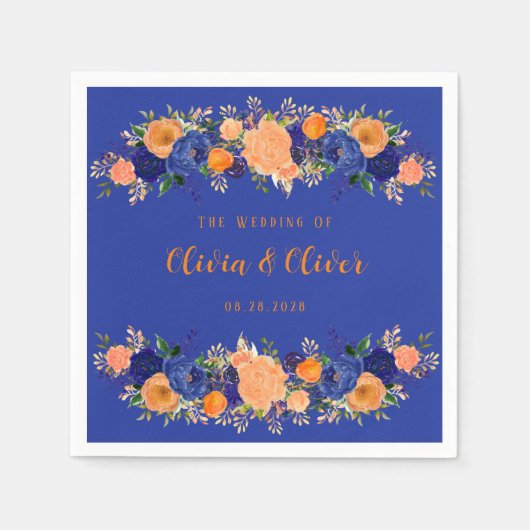 Navy Blue en Oranje botanische Floral Wedding Servet (Voorkant)