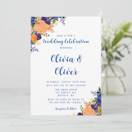 Navy Blue en Oranje botanische Florals Weddenschap Kaart (Staand voorkant)