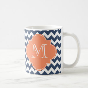 Navy Blue en Oranje Chevron Custom Monogram Koffiemok