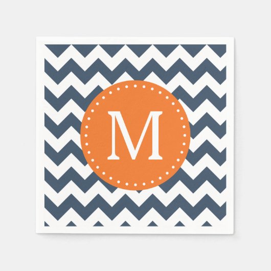 Navy Blue en Oranje Chevron Custom Monogram Servetten (Voorkant)