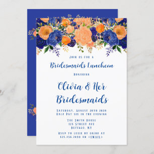 Navy Blue en Oranje Floral Bridesmaids Luncheon Kaart