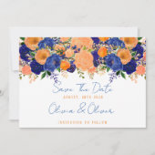 Navy Blue en Oranje Floral redden de datum Kaart (Voorkant)