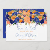 Navy Blue en Oranje Floral redden de datum Kaart (Voorkant / Achterkant)
