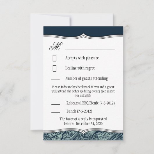 Navy Blue- en Oranje Nautical Wedding RSVP-kaarten RSVP Kaartje (Achterkant)