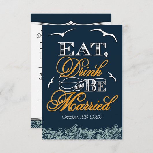 Navy Blue- en Oranje Nautical Wedding RSVP-kaarten RSVP Kaartje (Voorkant / Achterkant)