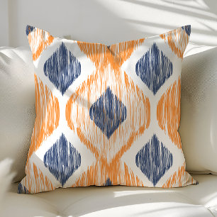 Navy Blue en Oranje Ogee Ikat Pattern Kussen