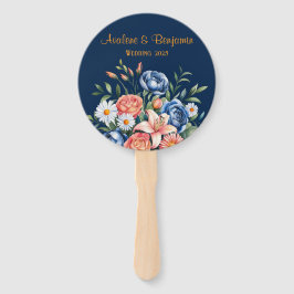 Navy Blue en Oranje Peony Flower Wedding Handwaaier
