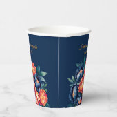 Navy Blue en Oranje Peony Flower Wedding Papieren Bekers (Rechts)