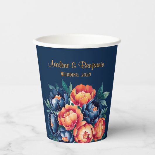 Navy Blue en Oranje Peony Flower Wedding Papieren Bekers (Voorkant)